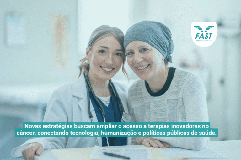 Médica com paciente oncológica sorrindo + subtítulo