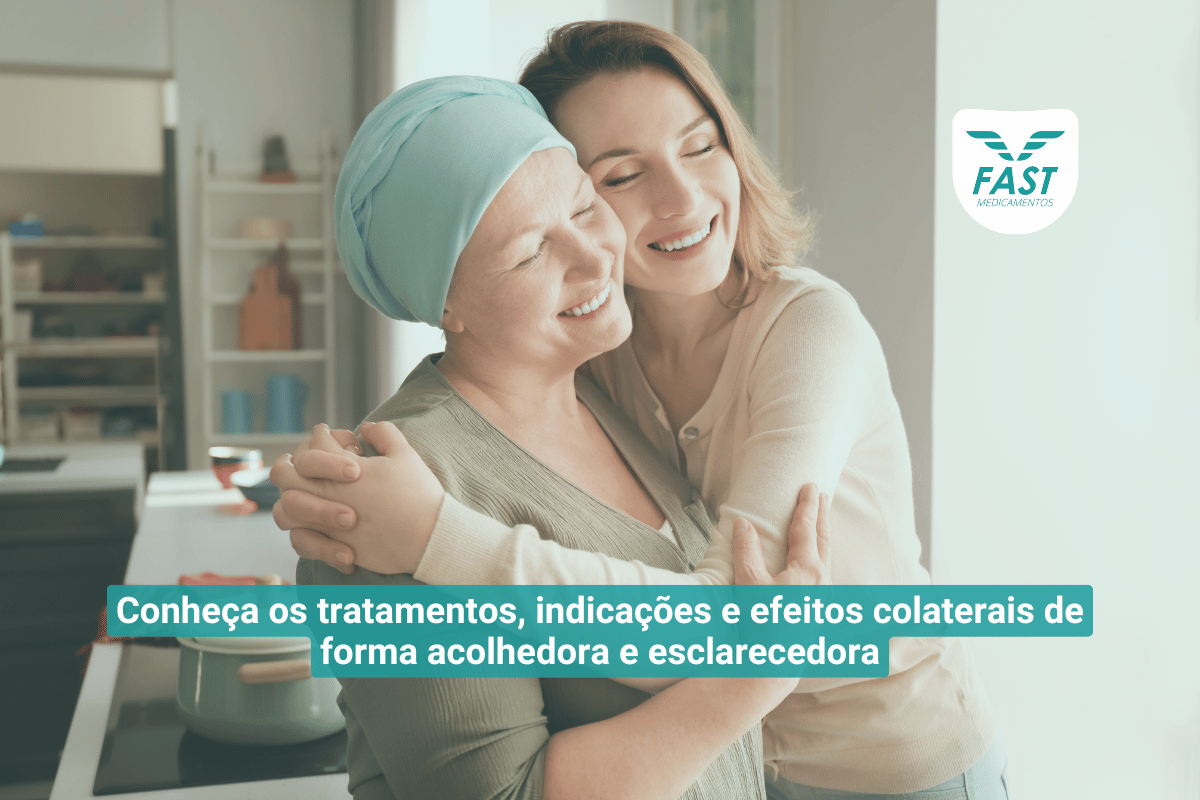 Mulher abraçando outra mulher com câncer + subtítulo