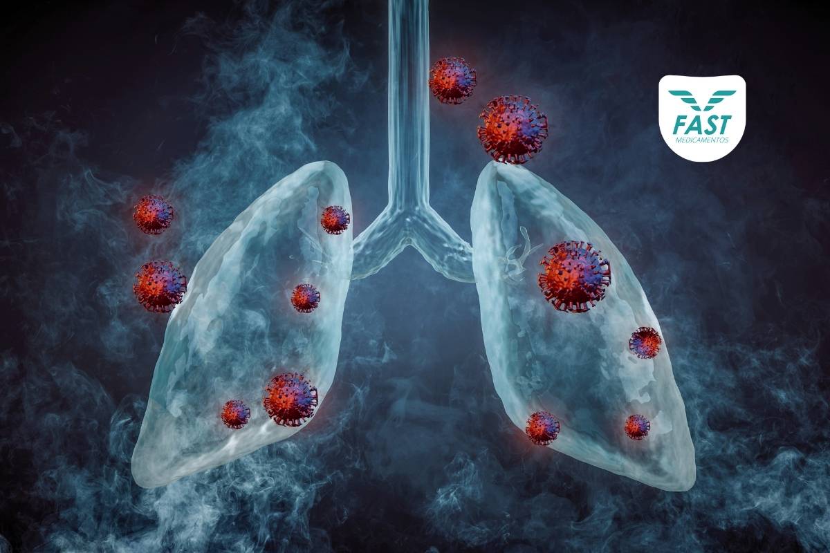 Ilustração de pulmão com bactérias